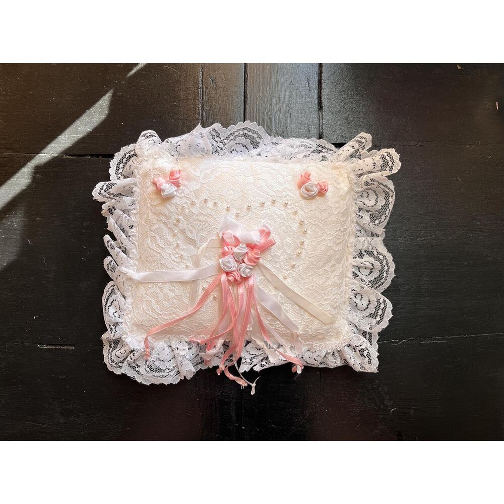 Vintage ring bearer pillow with lace, pearls and ribbons